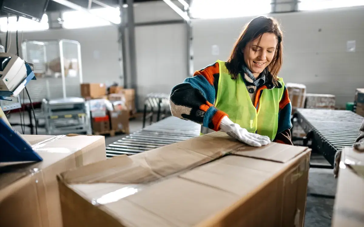 Warehouse worker sealing packages