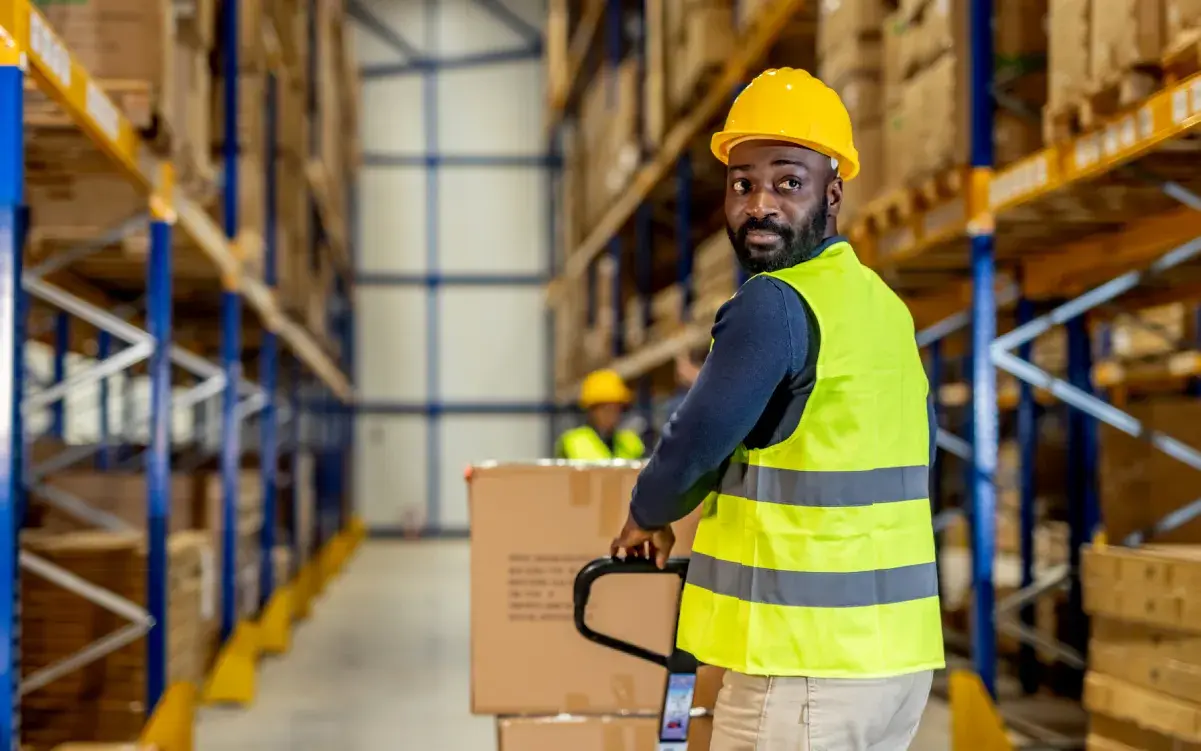 Warehouse worker on forklift using InfoPlus warehouse management software